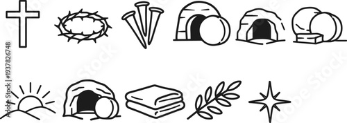 Easter symbols collection: cross, crown of thorns, nails, tomb, and resurrection icons