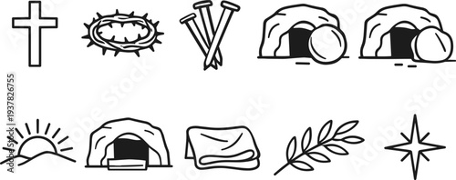Easter symbols: cross, crown of thorns, nails, empty tomb, sunrise, shroud, palm branch, star