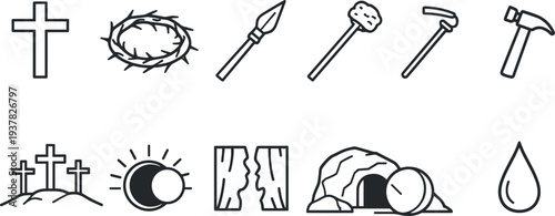 Collection of Christian symbols representing the Passion of Christ and Easter