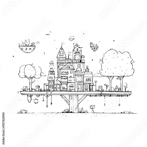 Fantasy cityscape with floating island whimsical buildings and trees surreal landscape illustration