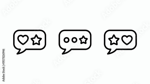 A series of three black outline speech bubbles each contain different combinations of heart and star icons high quality professional detailed modern elegant stylish clean crisp