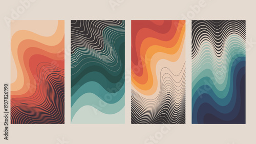 A collection of five vertically oriented abstract art panels featuring wavy curved lines and retro color palettes high quality professional detailed modern elegant stylish clean crisp