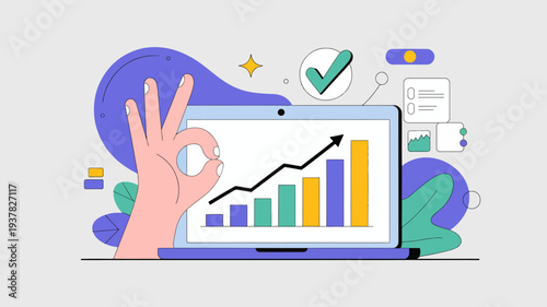 A colorful illustration depicts a laptop displaying a rising graph accompanied by an ok hand gesture signifying positive results and success high quality professional detailed modern