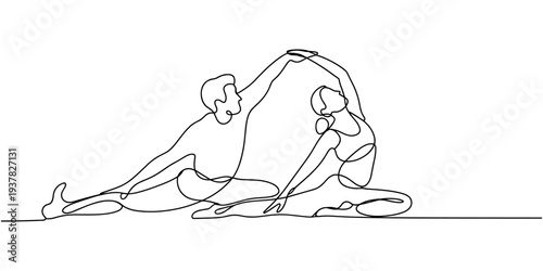 Man and woman stretching legs line drawing, Continuous one line design of stretching leg. Minimalist style vector illustration on white background.