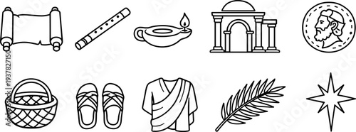 Ancient biblical and historical icons collection: scroll, flute, lamp, temple, coin, basket, sandals, robe, palm leaf, star