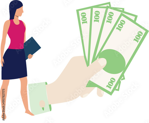A woman receives money from a man, symbolizing a financial exchange or assistance between them.