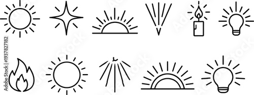 Collection of simple line art icons representing various sources of light and energy