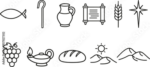 Collection of Christian symbols and religious icons in a simple line art style