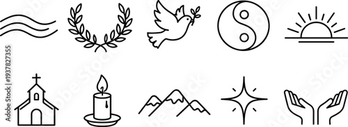 Collection of spiritual and natural symbols in a minimalist line art style