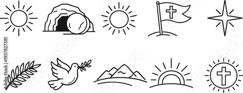 Collection of Christian Easter and religious symbols in a simple line art style