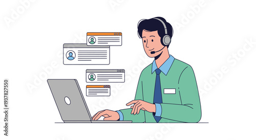 A man wearing a headset works on a laptop with chat windows floating beside him on a clean white background.