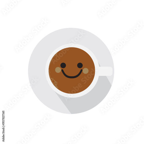 Coffee cup with cute smiling face on frothy surface representing good mood, vivacity, and energy for an active day.
