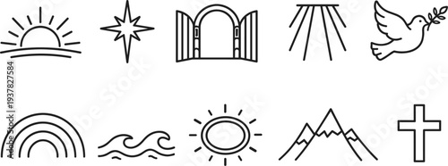 Collection of religious and natural symbols in a minimalist line art style
