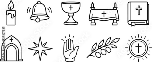 Collection of Christian religious symbols and icons in a clean line art style