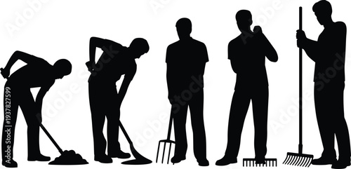 PrintGardening silhouettes, manual labor, outdoor work, landscaping tools, farming activity, maintenance y