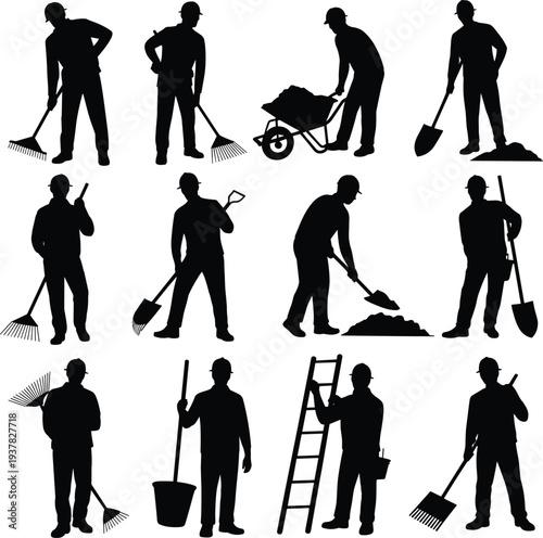 PrintLabor silhouettes, construction workers, gardening tools, manual tasks, outdoor maintenance, teamwork concept, physical effort, repair work, i