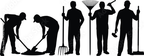 PrintLabor silhouettes, manual work, construction tools, gardening tasks, maintenance workers, farming activity, teamwork concept, outdoor job, repair work, industrial workforce, effort