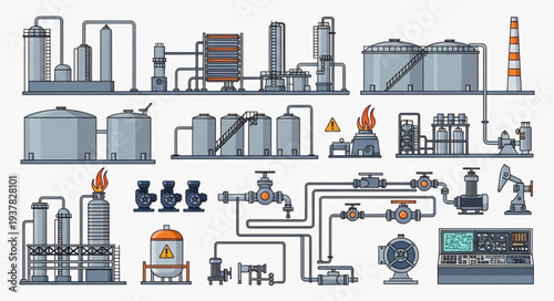 Industrial factory complex with tanks pipes and machinery illustration.