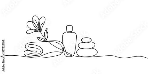 Continuous one line drawing. Spa cosmetic beautiful flower with towel, bottle and zen basalt stones. Vector illustration