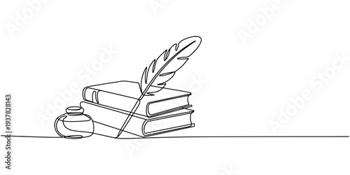 One continuous line drawing of stack of books, ink and quill pen on the office desk. Vintage writing equipment concept single line. Vector black silhouette. with white background