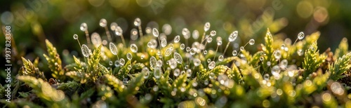 Glowing moss spore capsules with dew in warm green colors for magical nature concepts