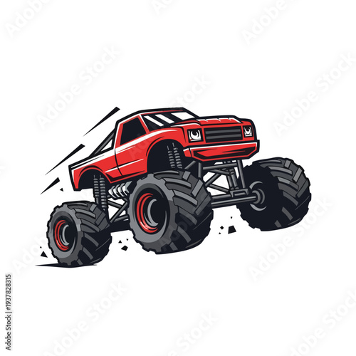 A red monster truck vector illustration with large tires and a rugged design, presented on a white background. Great for posters, advertisements, and automotive designs.