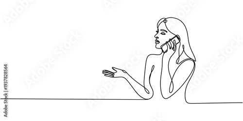 Self drawing line woman chatting on the phone continuous one single line drawn concept, young businesswoman standing on office floor and talking on smartphone with her friend. Business