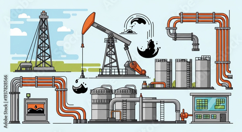 Oil industry equipment and infrastructure illustration.