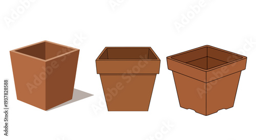 Vector collection of empty terracotta clay flower pots for house plants in different shapes. Simple gardening container illustration isolated on white background