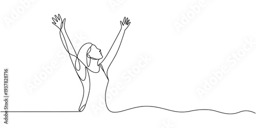 Continuous line drawing of cheering woman. Continuous one line drawing of woman rising hands up feeling happy and freedom. Cute girl feel free and young minimalism design isolated on white background.