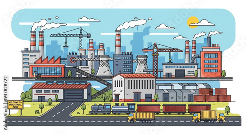 Industrial factory complex with smoking chimneys and cranes.