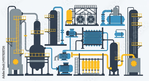 Industrial Chemical Plant Equipment and Machinery Illustration.