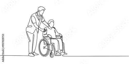 One single line drawing of young male doctor helping old patient get to wheelchair from hospital bed. Trendy medical health care service concept continuous line draw design vector graphic illustration