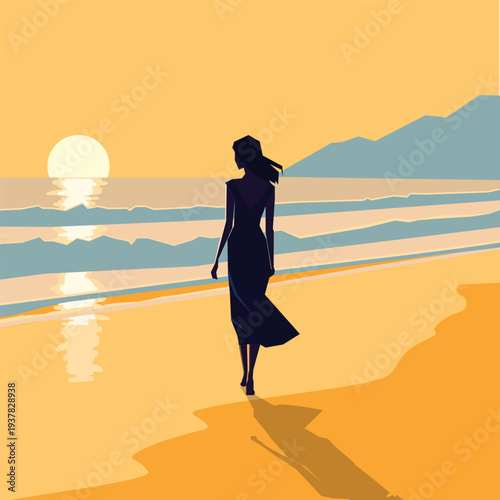 Elegant lady walking by the seaside at sunrise or sunset, with the shimmering waves and calm sea breeze lifting her long hair, in minimalist vector illustration style