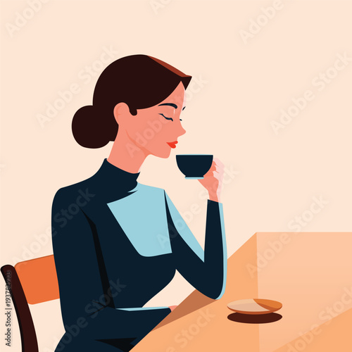 Beautiful lady savoring the aroma of coffee while enjoying a leisurely afternoon, in minimalist vector illustration style