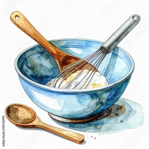 Blue mixing bowl with whisk and wooden spoons ready for baking cooking isolated on white background