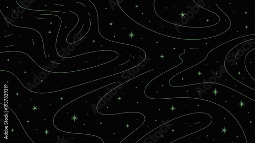 An abstract background features swirling neon green lines against a deep black backdrop accented by numerous small twinkling star like shapes high quality professional detailed modern