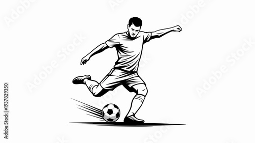 A black and white illustration depicts a soccer player in mid kick powerfully striking a soccer ball with focused determination high quality professional detailed modern elegant