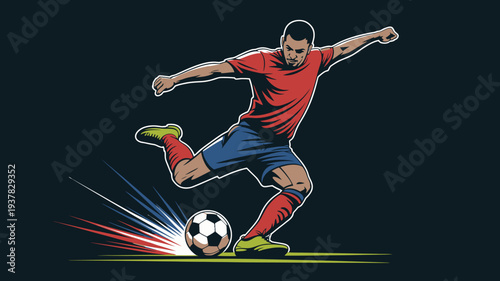 A dynamic illustration depicts a soccer player in mid kick poised to strike a black and white ball with intense focus and energy high quality professional