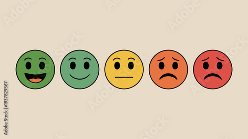 A series of five colorful emoji faces are displayed ranging in expression from very happy to very sad on a pale background high quality professional detailed