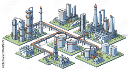 Industrial oil refinery complex with multiple processing units and storage tanks.