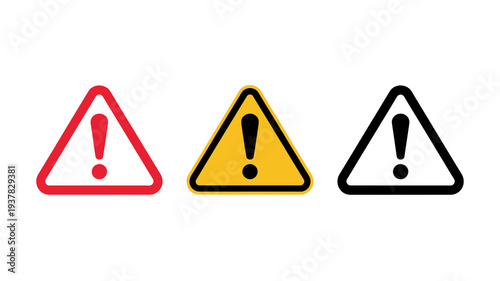 Three triangular warning signs are displayed each with a black exclamation point inside and varying color schemes high quality professional detailed modern elegant stylish clean crisp