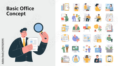 A colorful illustration depicts various office scenes and concepts including a businessman with a magnifying glass and numerous employee icons high quality professional detailed modern elegant