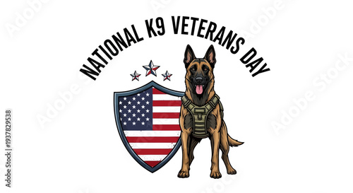 Illustration of a German Shepherd dog in a tactical vest standing beside a shield with the American flag on National K9 Veterans Day.