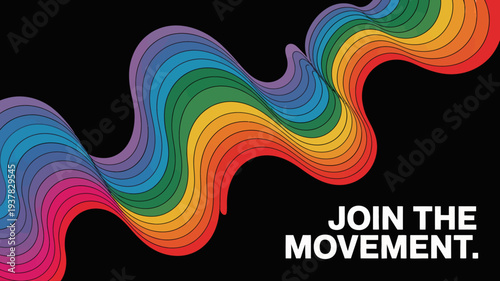 A vibrant swirling rainbow design emerges from the left side of a black background accompanied by the text join the movement high quality professional detailed modern
