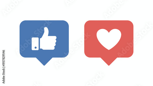 A flat design illustration showcases a blue speech bubble with a white thumb up and a red speech bubble containing a white heart high quality professional