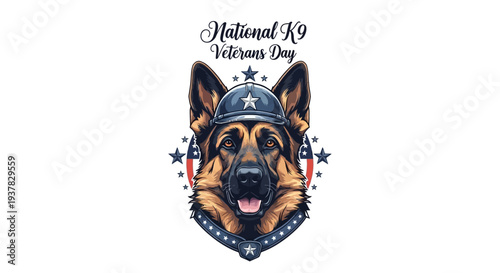 Illustration of a German Shepherd dog wearing a military helmet and collar with stars, celebrating National K9 Veterans Day in a patriotic design.