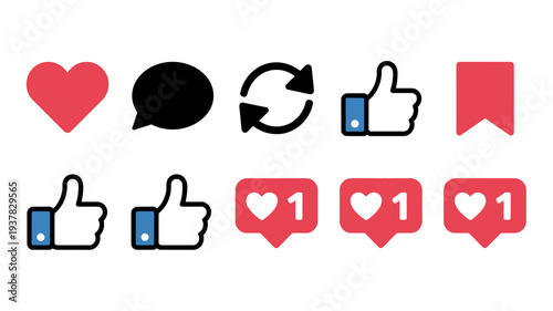 A collection of social media reaction icons is displayed including hearts thumbs up reply symbols and message bubbles with heart counts high quality professional detailed modern