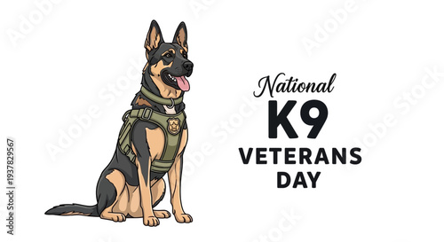 Illustration of a German Shepherd dog wearing a military vest for National K9 Veterans Day with bold text on a white background.