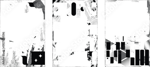 Frame distorted grungy isolated layers . Design element for brochure, social media, posters, flyers. Overlay texture.Textured banner with Distress effect .Vector halftone dots . Screen print texture